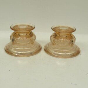 Federal Depression Glass Pink MADRID 2 Inch High Single Candle Holders, Pair